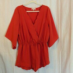 Umgee Coral Scarlet Scalloped V-Neck Side Tie Flare Relaxed Fit Romper XL EUC